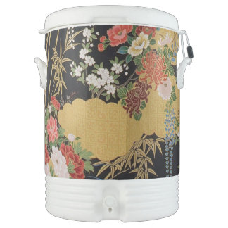 Black and Gold Traditional Japanese Kimono Floral Beverage Cooler