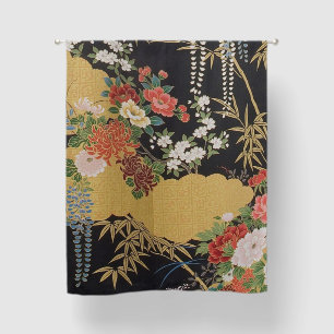 Black and Gold Traditional Japanese Kimono Floral Blackout Curtains