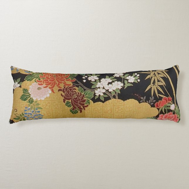 Black and Gold Traditional Japanese Kimono Floral  Body Pillow (Front)