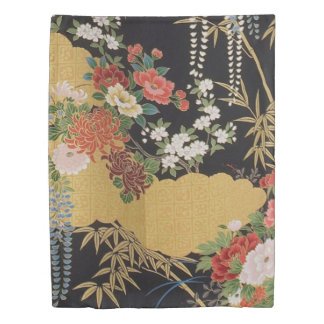 Black and Gold Traditional Japanese Kimono Floral Duvet Cover