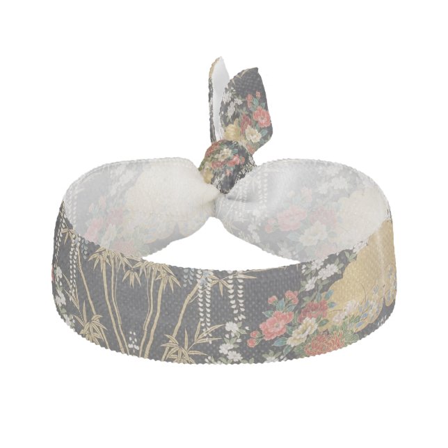 Black and Gold Traditional Japanese Kimono Floral  Elastic Hair Tie (Front)