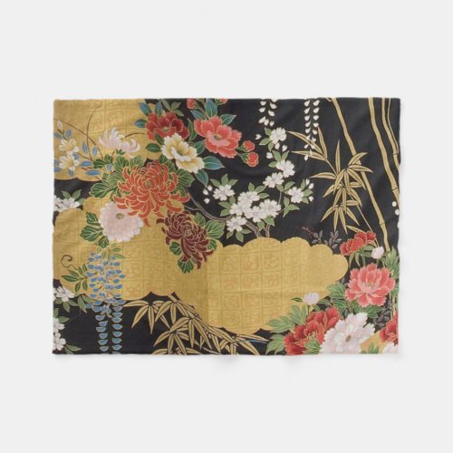 Black and Gold Traditional Japanese Kimono Floral  Fleece Blanket