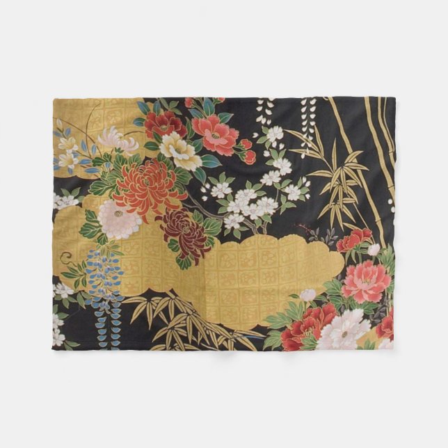 Black and Gold Traditional Japanese Kimono Floral  Fleece Blanket (Front (Horizontal))
