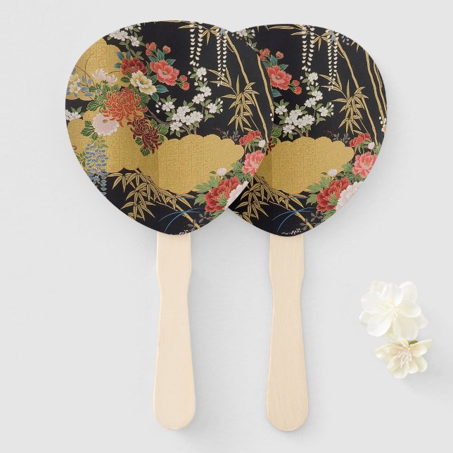 Black and Gold Traditional Japanese Kimono Floral  Hand Fan (Front and Back)