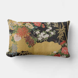 Black and Gold Traditional Japanese Kimono Floral Lumbar Pillow