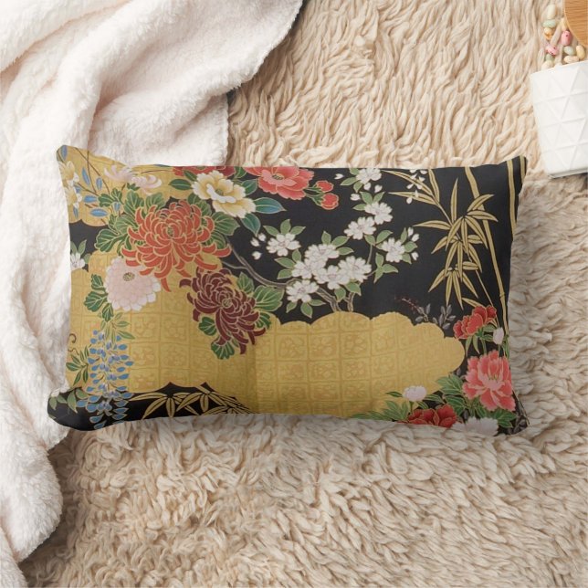 Black and Gold Traditional Japanese Kimono Floral  Lumbar Pillow (Blanket)