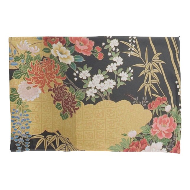 Black and Gold Traditional Japanese Kimono Floral  Pillow Case (Front)