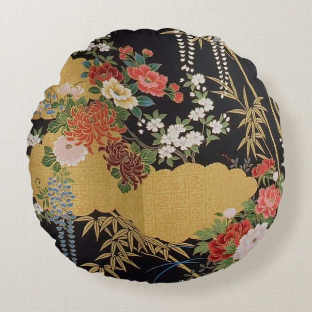 Black and Gold Traditional Japanese Kimono Floral  Round Pillow (Front)