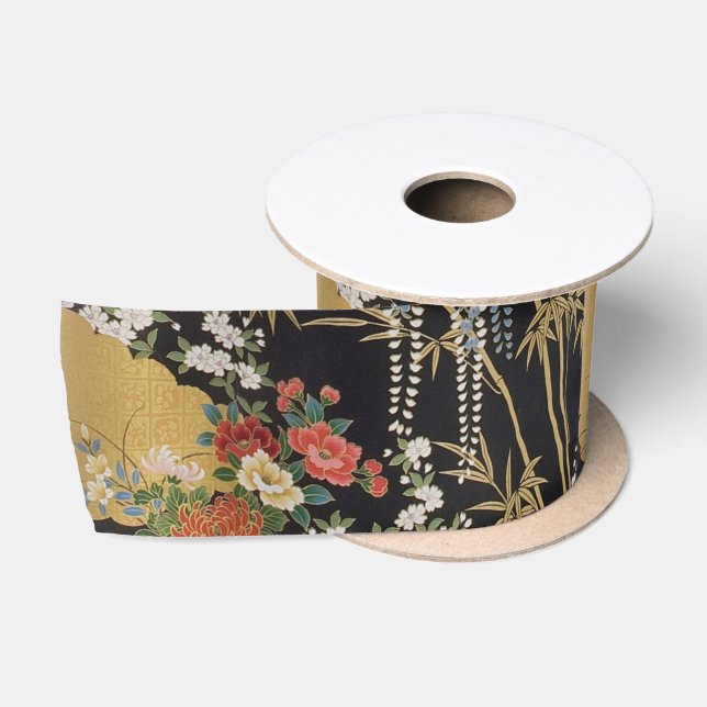 Black and Gold Traditional Japanese Kimono Floral  Satin Ribbon (Spool)