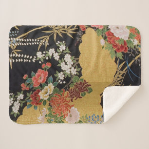Black and Gold Traditional Japanese Kimono Floral Sherpa Blanket
