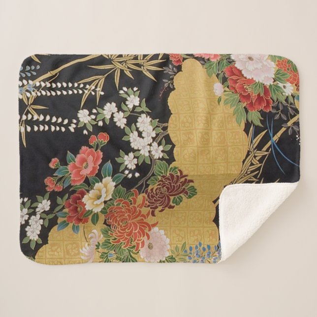 Black and Gold Traditional Japanese Kimono Floral  Sherpa Blanket (Front (Horizontal))