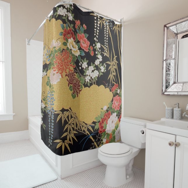 Black and Gold Traditional Japanese Kimono Floral  Shower Curtain (In Situ)