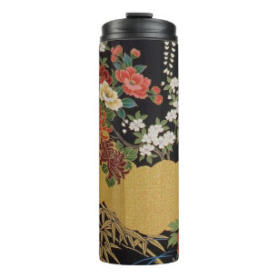 Black and Gold Traditional Japanese Kimono Floral Thermal Tumbler