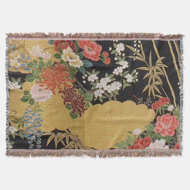 Black and Gold Traditional Japanese Kimono Floral  Throw Blanket (Front)