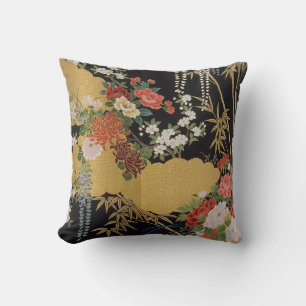 Black and Gold Traditional Japanese Kimono Floral Throw Pillow