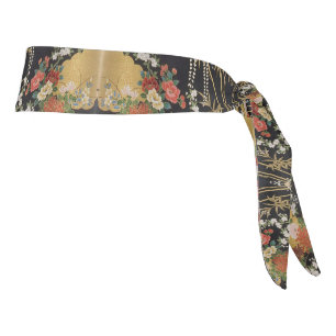 Black and Gold Traditional Japanese Kimono Floral Tie Headband