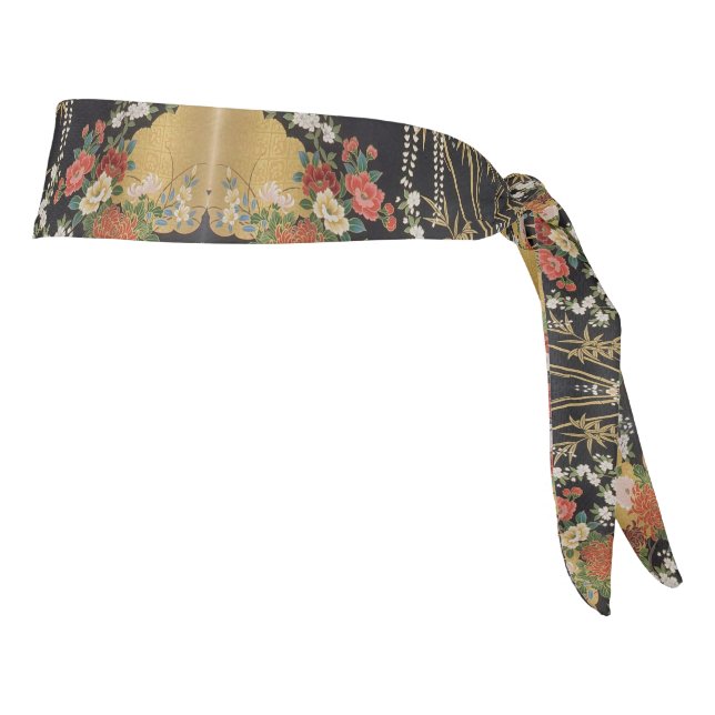 Black and Gold Traditional Japanese Kimono Floral  Tie Headband (Rotate 90)