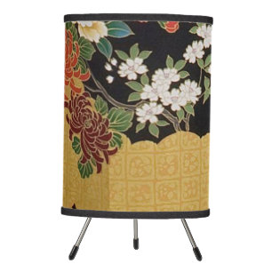 Black and Gold Traditional Japanese Kimono Floral Tripod Lamp