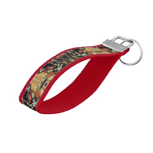 Black and Gold Traditional Japanese Kimono Floral  Wrist Keychain (Angled Up)