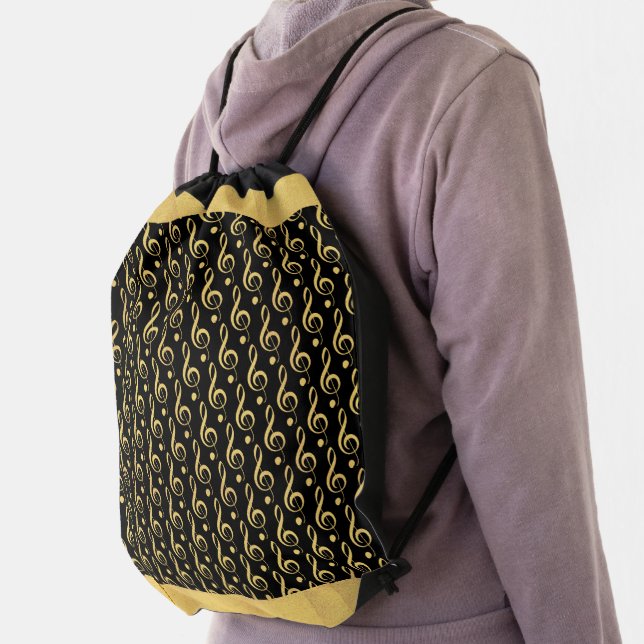 Black and Gold Treble Clef Musical Singer Choir Drawstring Bag (Insitu)