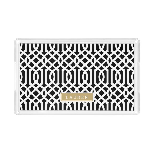 Black and Gold Trellis Monogram Acrylic Tray (Front)