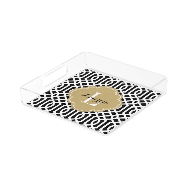 Black and Gold Trellis Monogram Acrylic Tray (Angled)