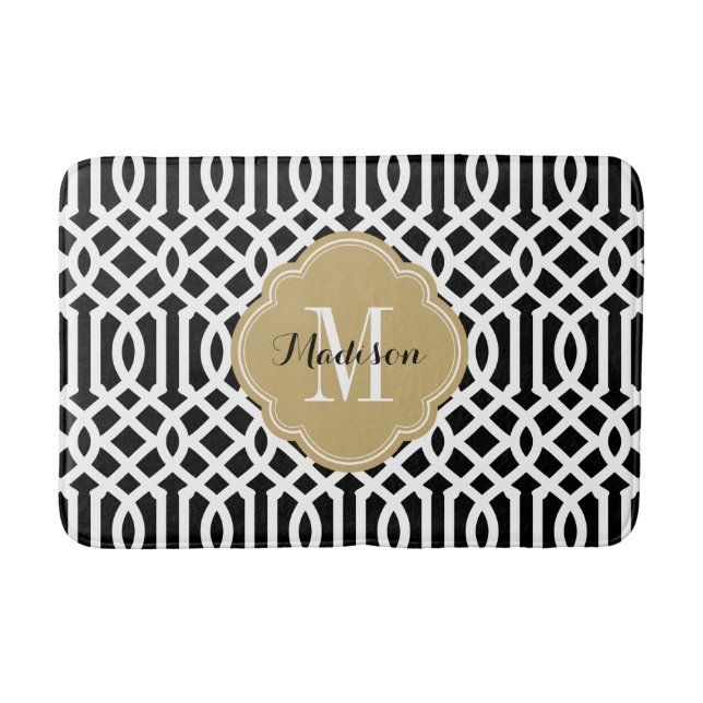 Black and Gold Trellis Monogram Bathroom Mat (Front)