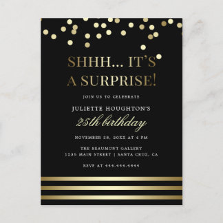 Black and Gold Trendy Confetti Surprise Party Invitation Postcard
