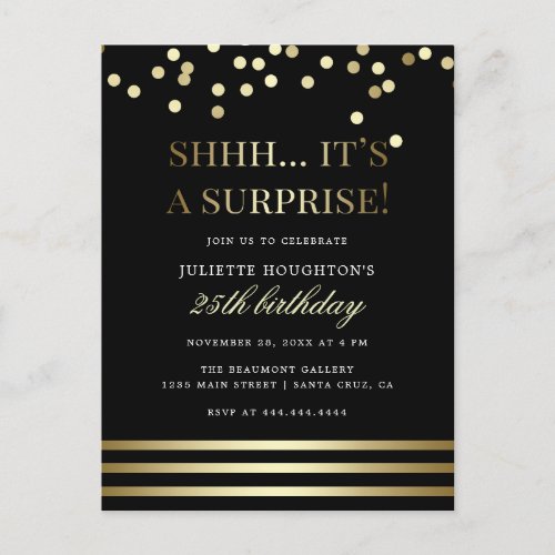 Black and Gold Trendy Confetti Surprise Party Invitation Postcard