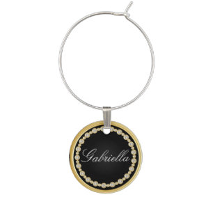 Black and Gold Trim with Diamonds Personalize Wine Glass Charm