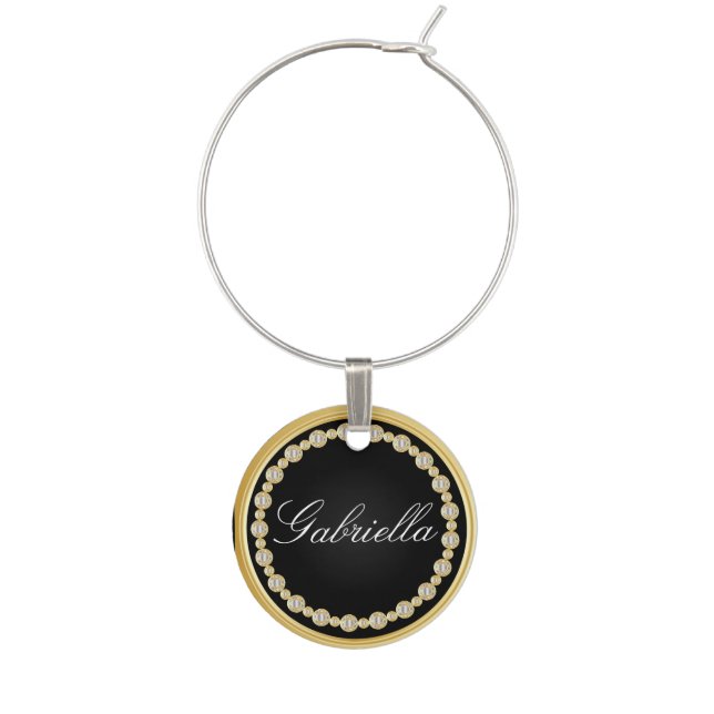 Black and Gold Trim with Diamonds | Personalize Wine Glass Charm (Front)