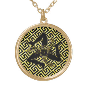 Black and Gold Trinacria Greek Key Pattern Plated Necklace