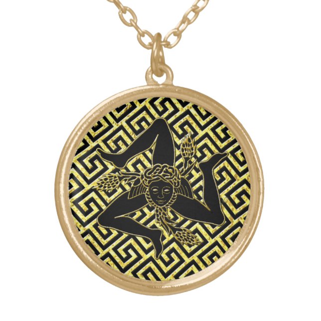 Black and Gold Trinacria Greek Key Pattern Plated Necklace (Front)
