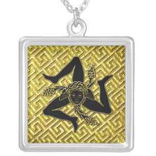 Black and Gold Trinacria Greek Key Pattern Silver Plated Necklace