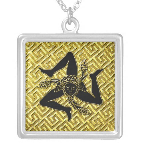 Black and Gold Trinacria Greek Key Pattern Silver Plated Necklace