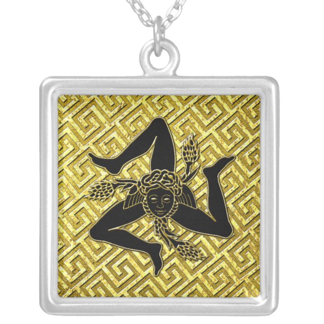 Black and Gold Trinacria Greek Key Pattern Silver Plated Necklace (Front)