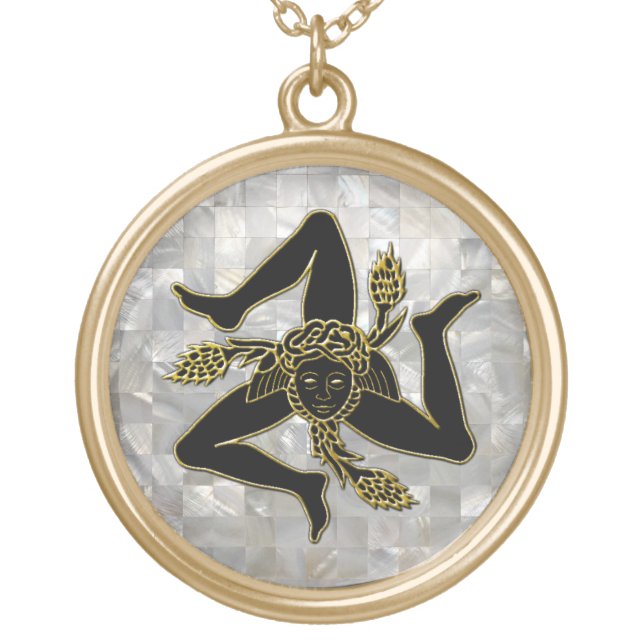 Black and Gold Trinacria Mother of Pearl Pattern Gold Plated Necklace (Front)