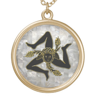 Black and Gold Trinacria Mother of Pearl Pattern Plated Necklace