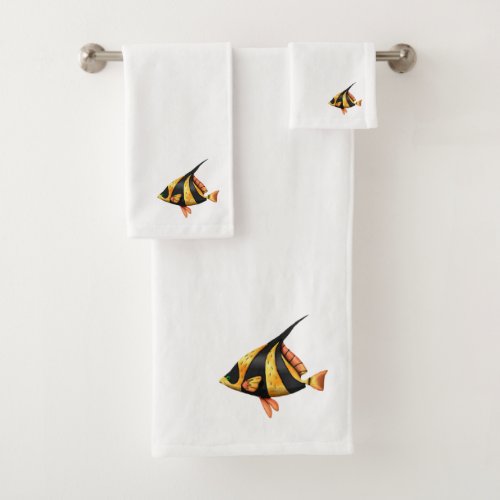 Black and gold tropical angle fish bath towel set