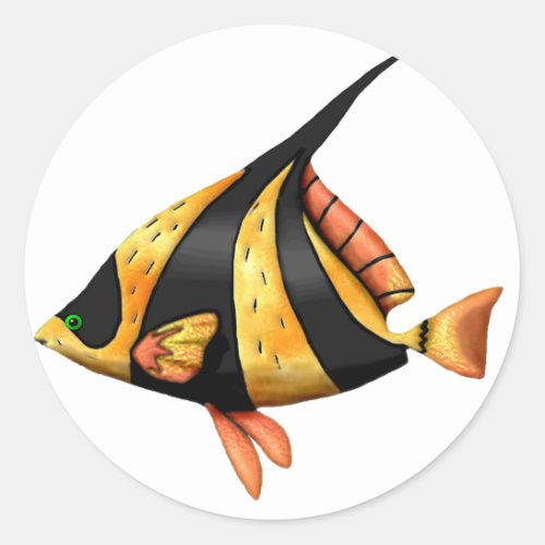 Black and gold tropical angle fish classic round sticker