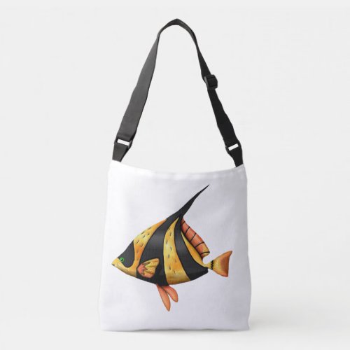 Black and gold tropical angle fish crossbody bag