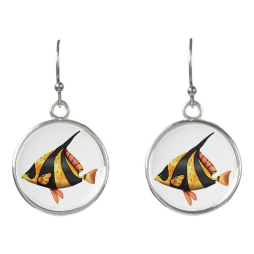 Black and gold tropical angle fish earrings