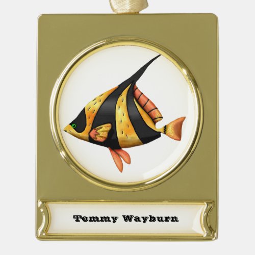 Black and gold tropical angle fish gold plated banner ornament