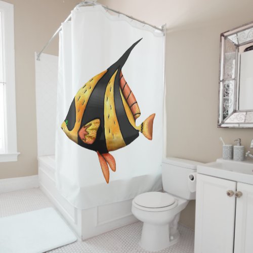 Black and gold tropical angle fish shower curtain