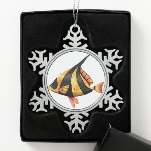 Black and gold tropical angle fish snowflake pewter christmas ornament