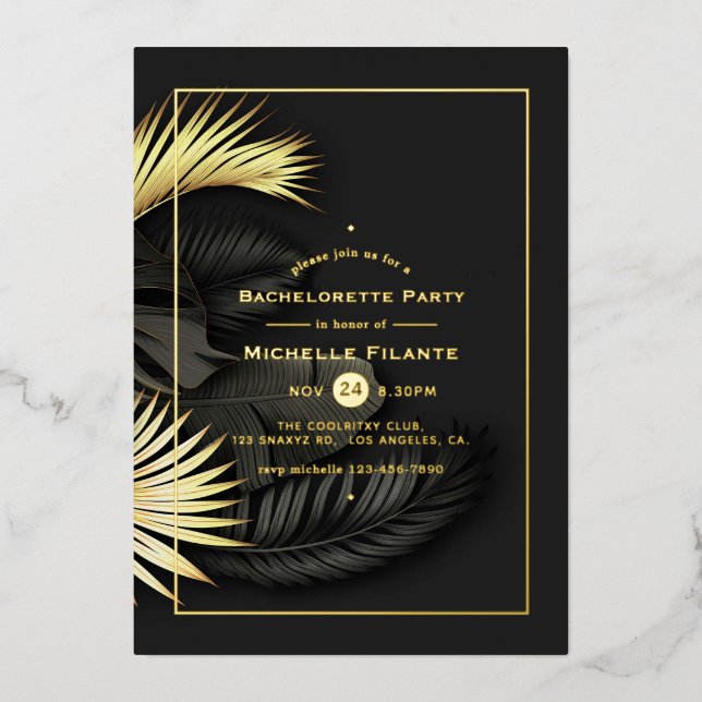 Black and Gold Tropical Bachelorette Party Foil In Invitation (Front)