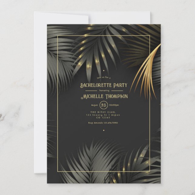 Black and Gold Tropical Bachelorette Party Invitation (Front)