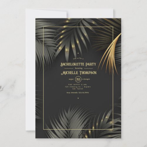 Black and Gold Tropical Bachelorette Party Invitation