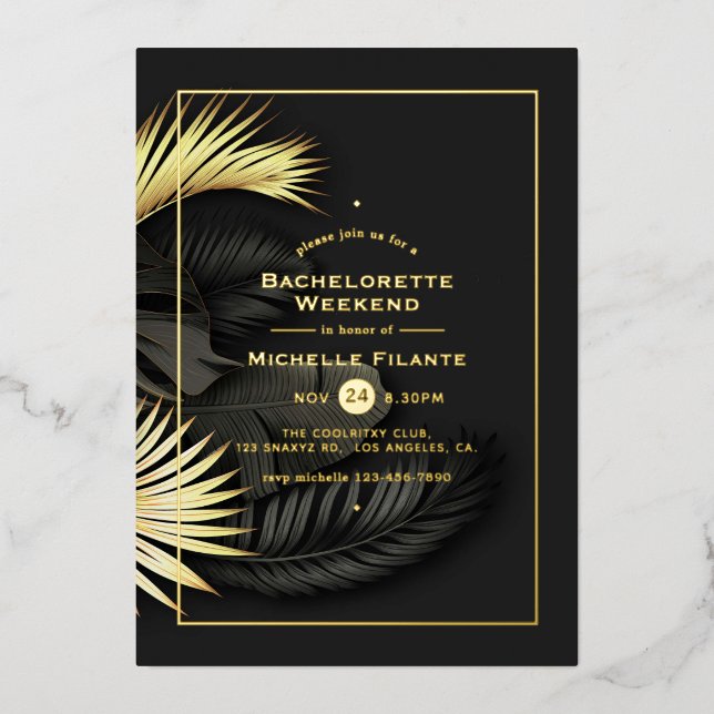 Black and Gold Tropical Bachelorette Weekend Foil Invitation (Front)