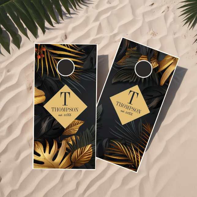 Black and Gold Tropical Beach House Cornhole Set (Black and Gold Tropical Cornhole set)